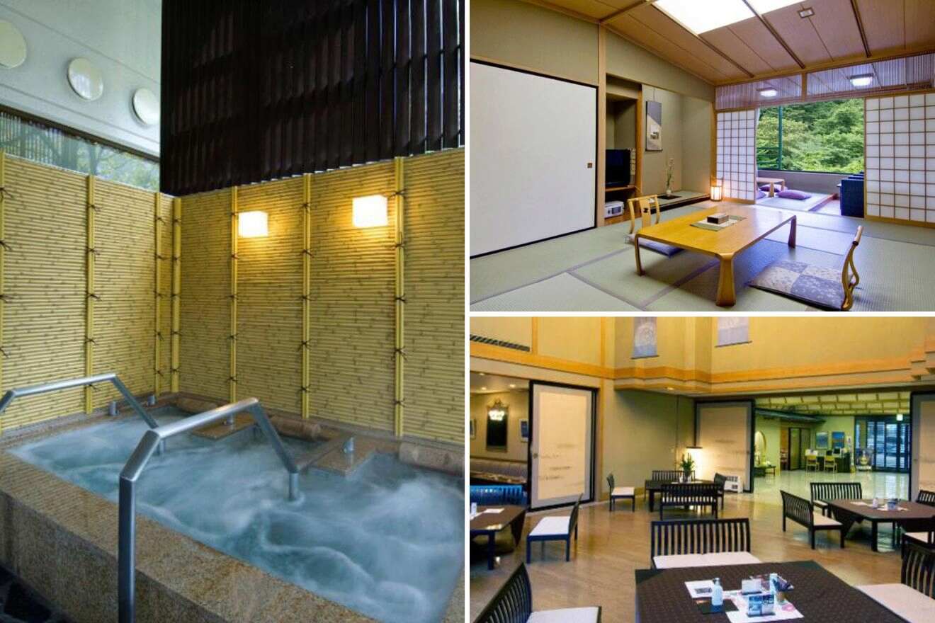 collage of 3 images of Nikko Senhime Monogatari with: japanese style room, restaurant and private ryokan
