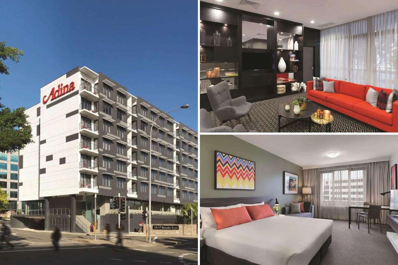 collage of 3 images with: hotel's building, bedroom and lounge