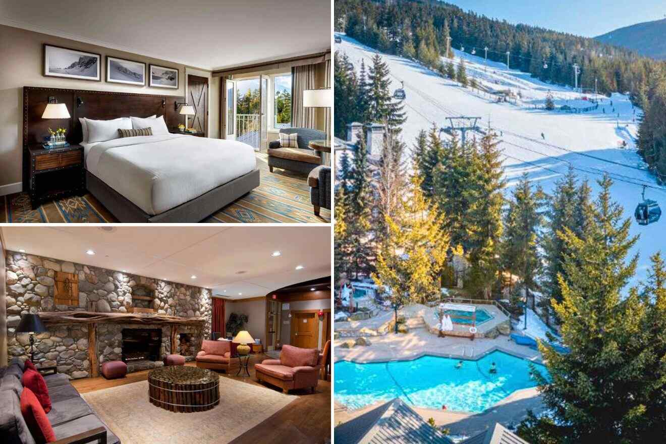 collage of 3 images with: a bedroom, lounge with a fireplace and aerial view over a resort next to the cable cars