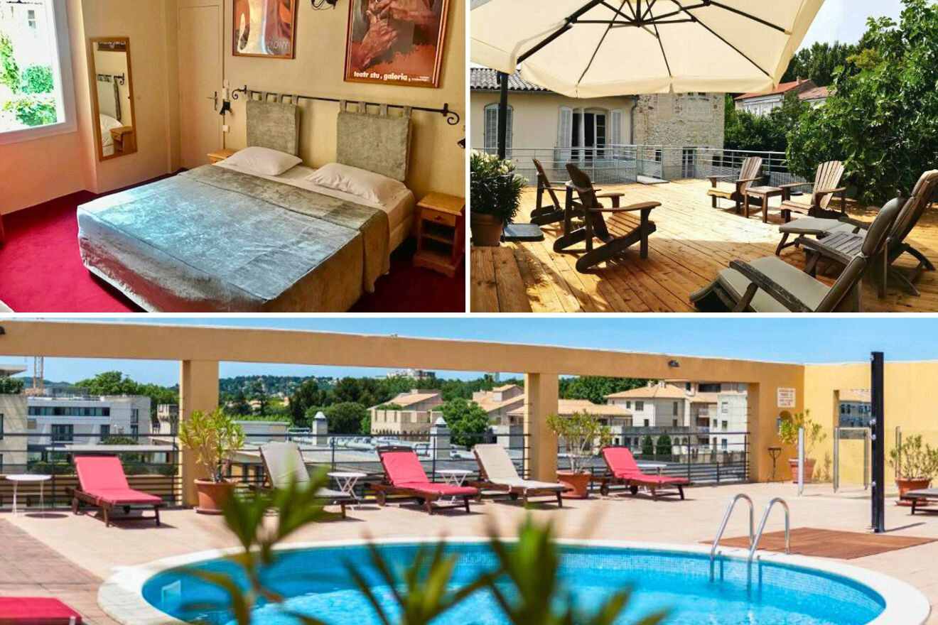 collage of 3 images with: bedroom, outdoor lounge and pool view