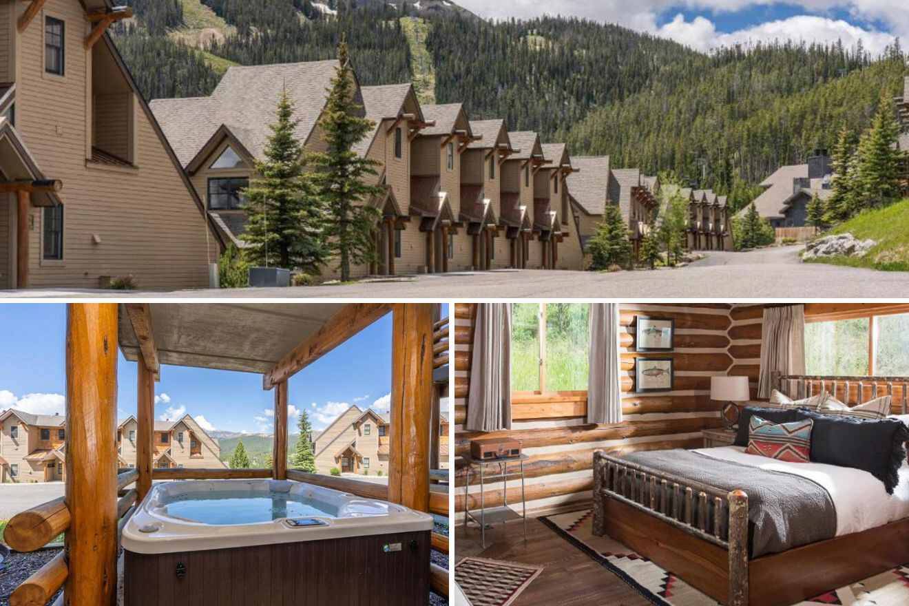 collage of 3 images with: row of cabins surrounded by a forest, outdoor hot tub and a bedroom