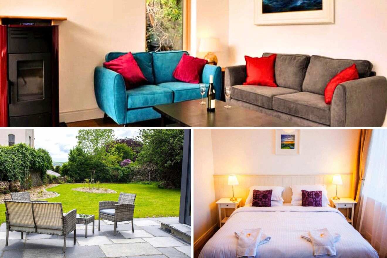 collage of 3 images with: bedroom, lounge and lounge in the garden