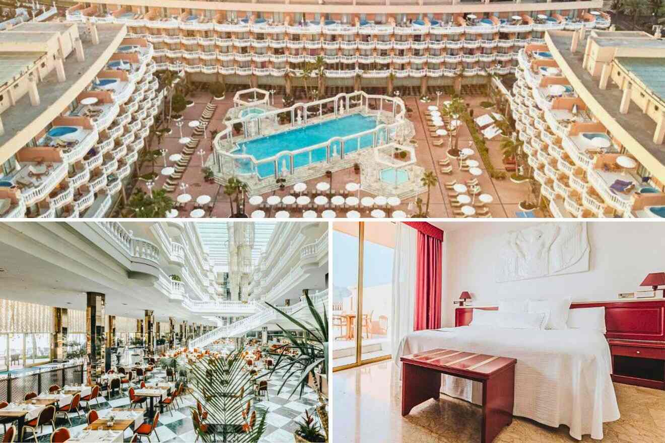 collage of 3 images with: bedroom, aerial view over the resort and restaurant