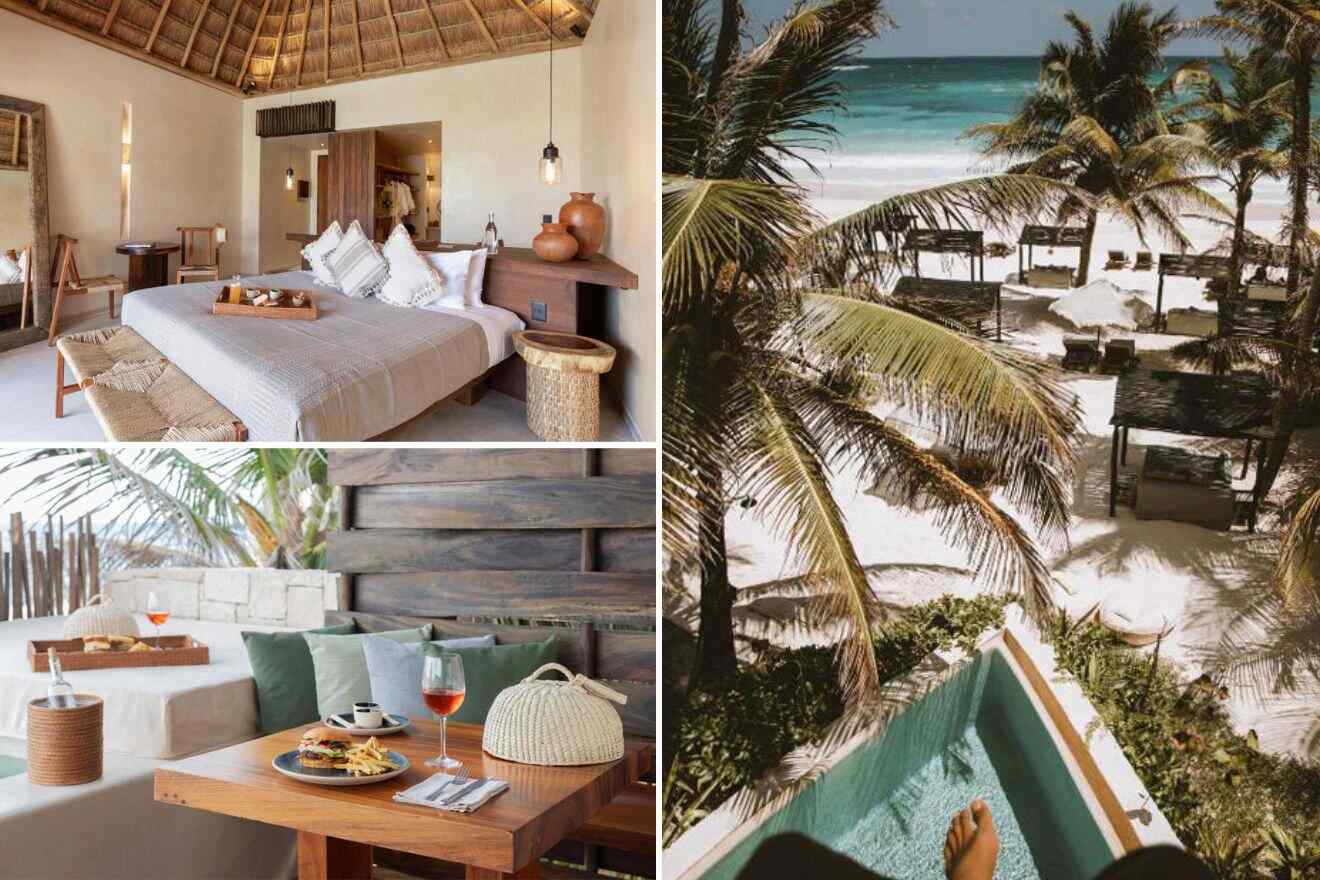collage of 3 images with: bedroom, lounge with drinks and food on the table and view over the resort