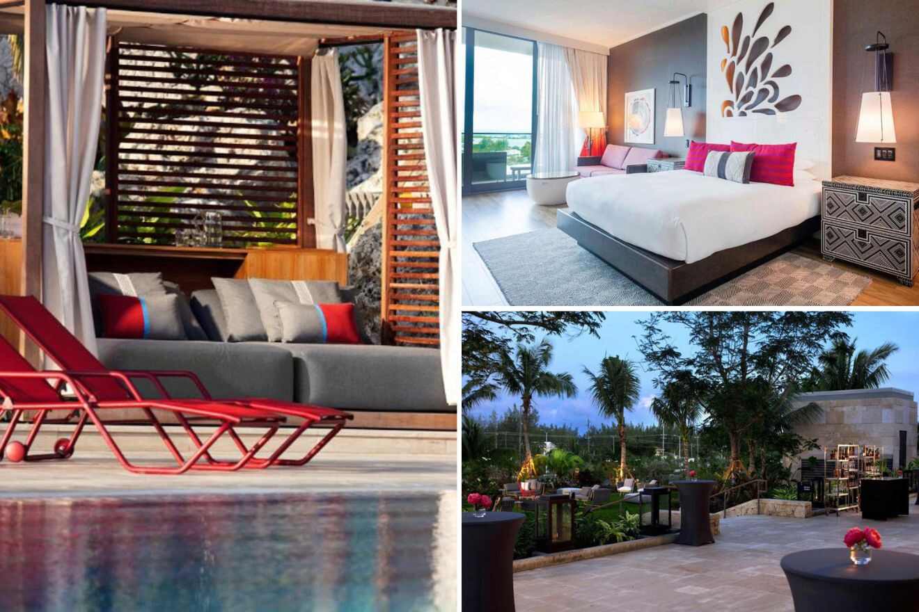 collage of 3 images of the kimpton seafire resort: pool area, bedroom and patio