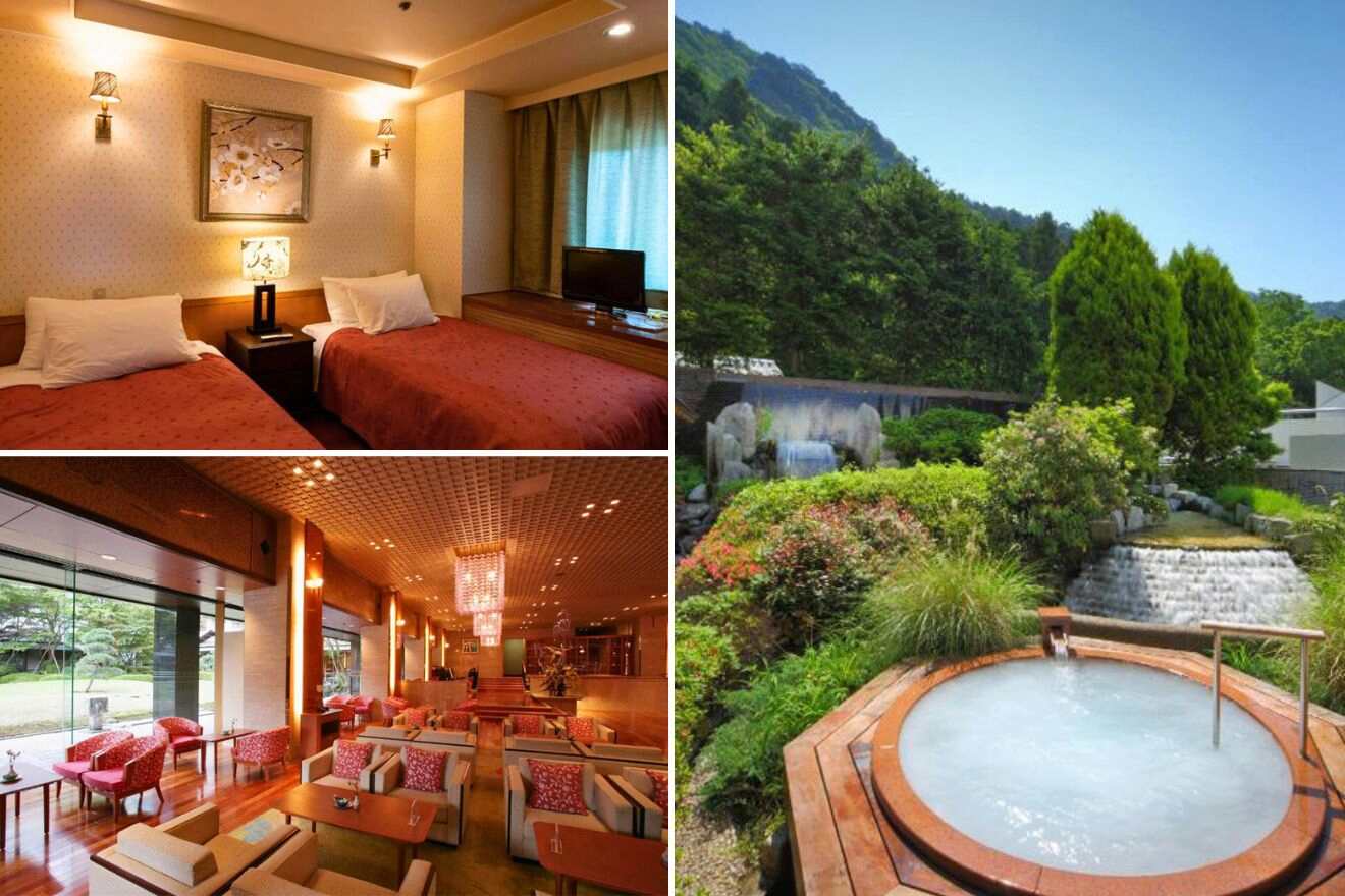 collage of 3 images of Kinugawa Grand Hotel with: restaurant, bedroom and private ryokan