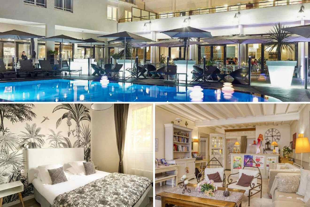 collage of 3 images with: bedroom, lounge and pool view