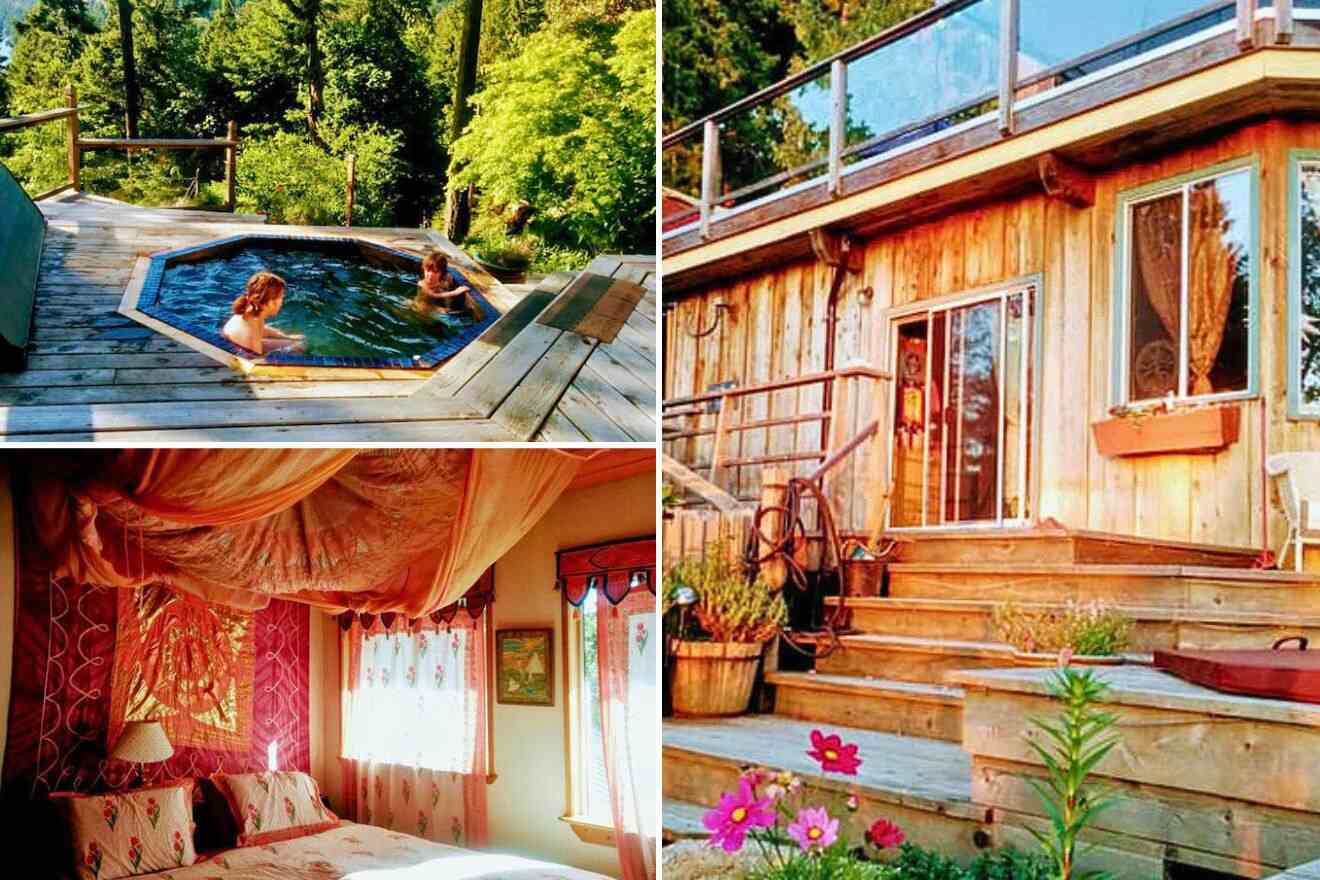 collage of 3 images with: people sitting in a small pool, bedroom and wooden cabin