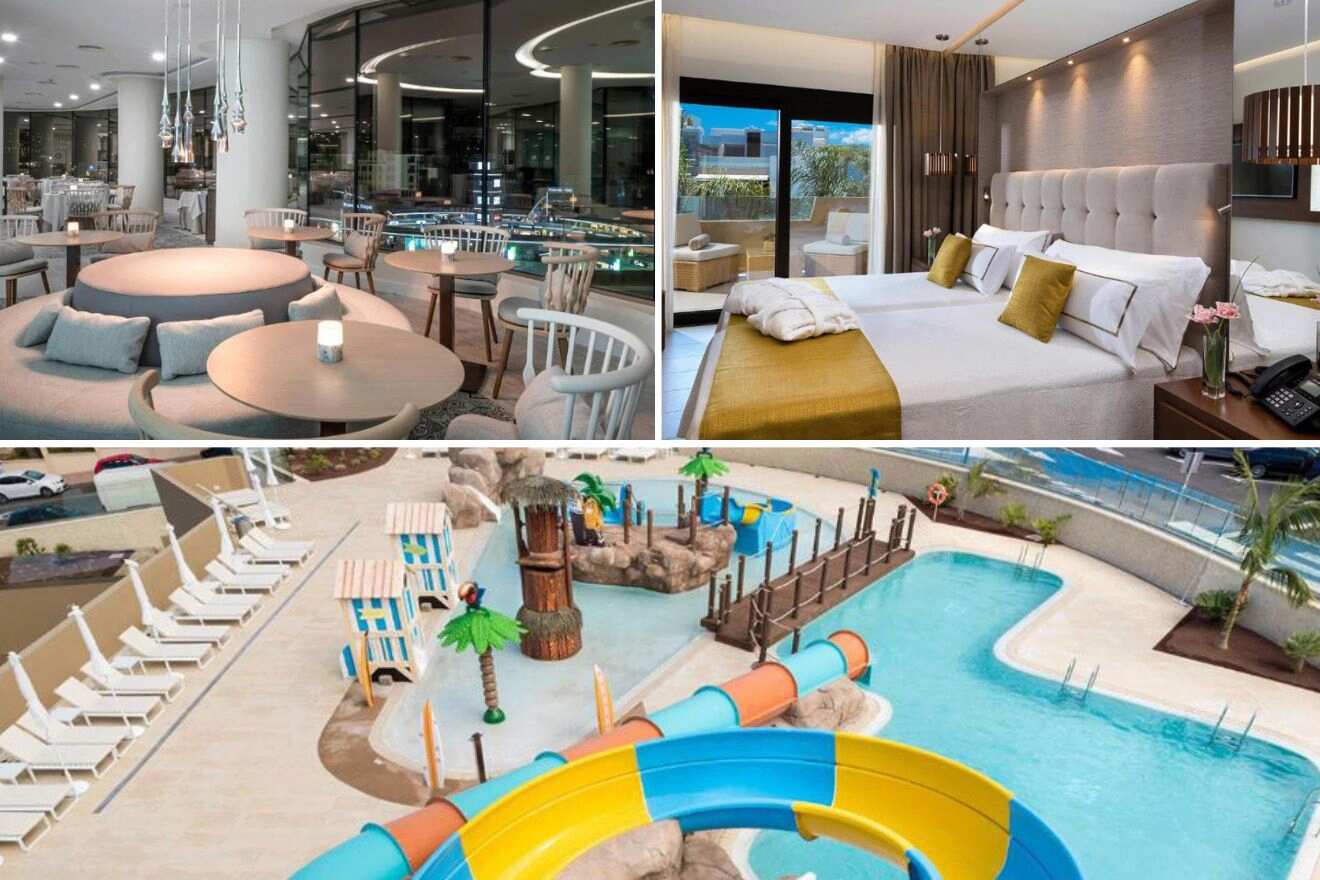 collage of 3 images with: bedroom, pool with waterslides and restaurant
