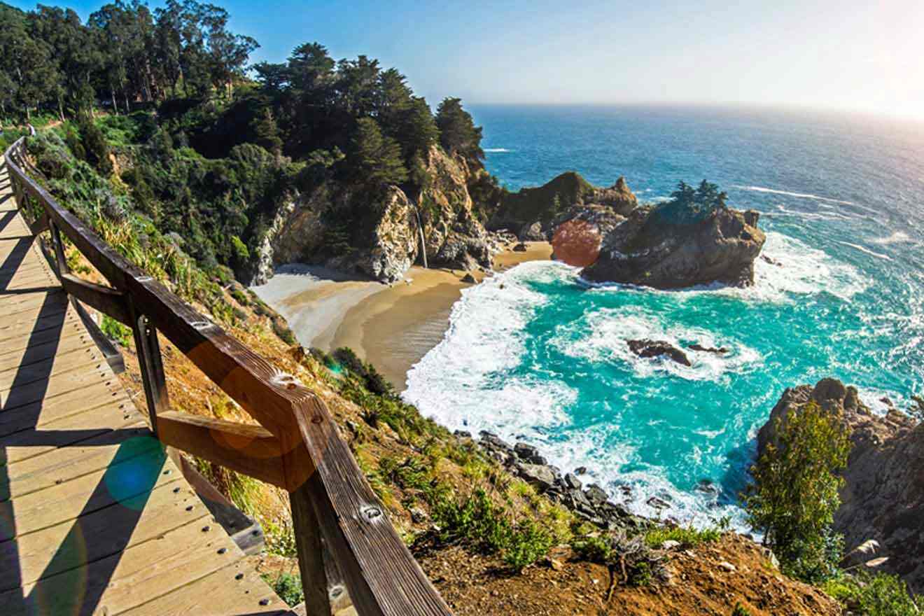 A wooden walkway leading to a cliff overlooking the ocean.
