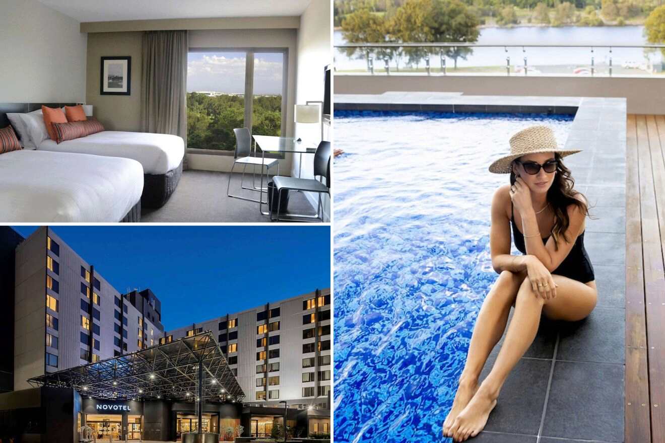 collage of 3 images with: hotel's building, bedroom and woman by the pool
