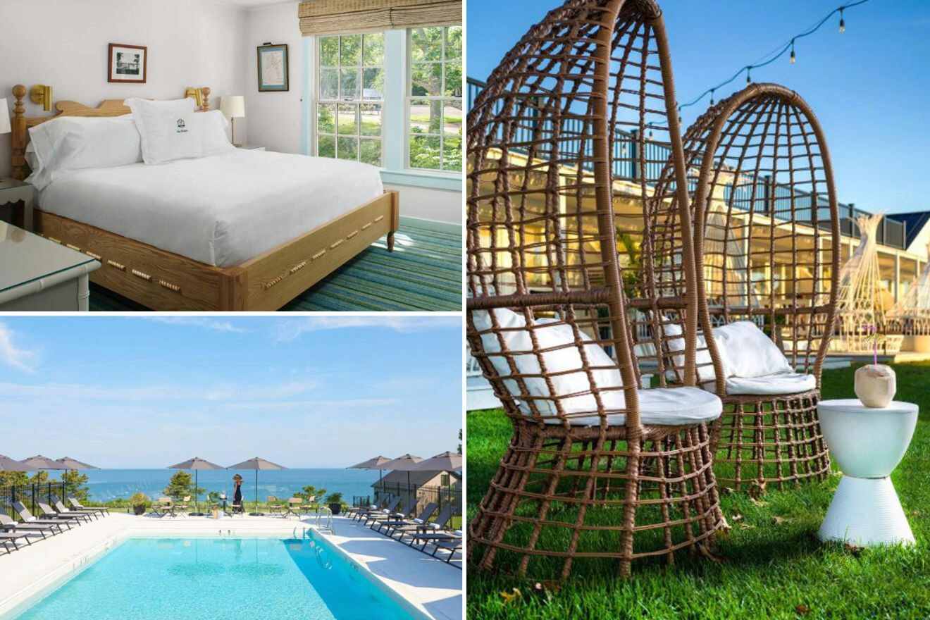 collage of 3 images with: a bedroom, outdoor sitting area and pool area