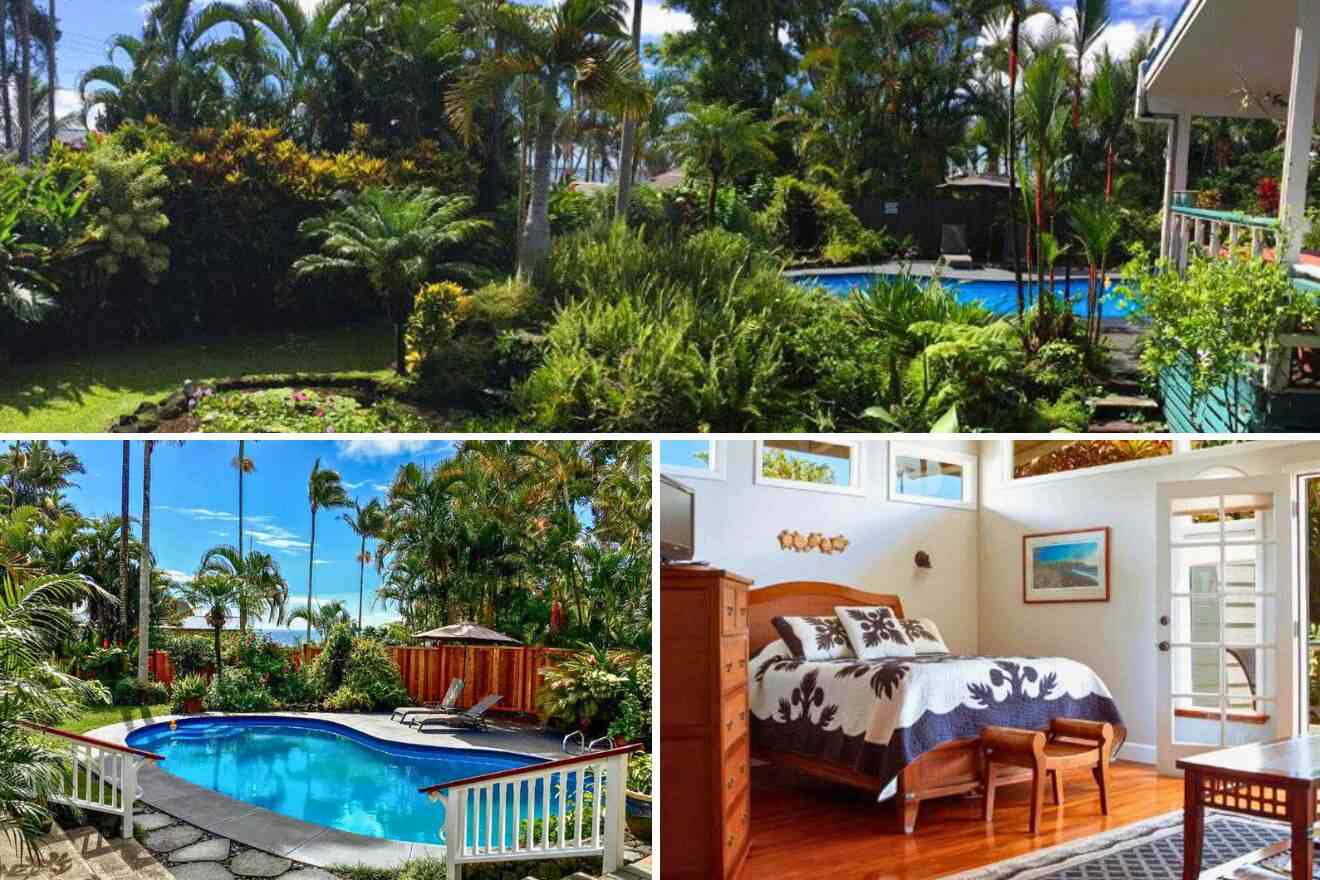 collage of 3 images with: bedroom, hotel's backyard and pool area