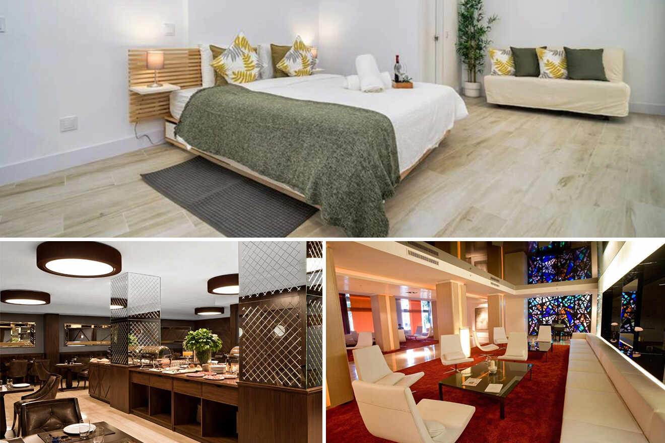 collage of 3 images with: bedroom, restaurant and lounge zone