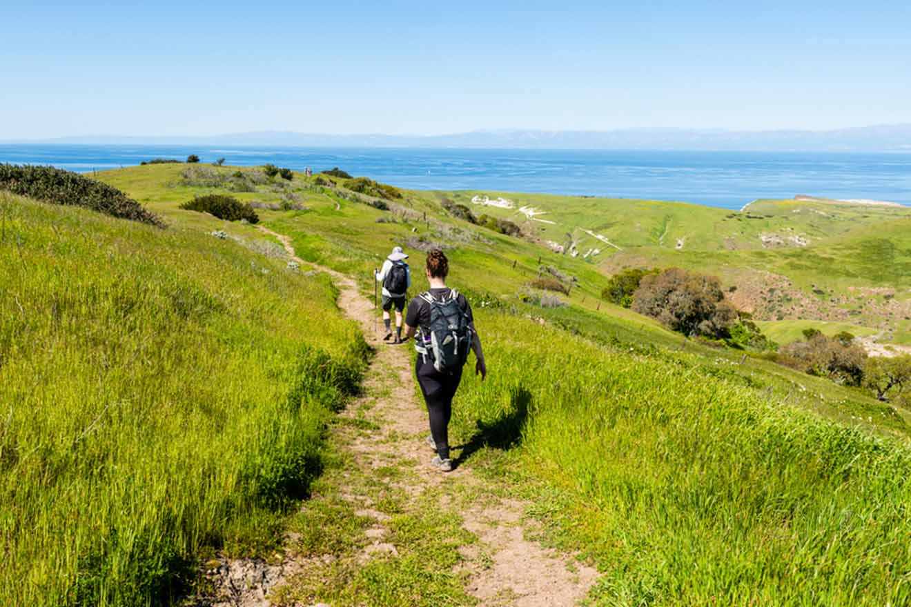 Two people hiking on a grassy trail near the ocean.