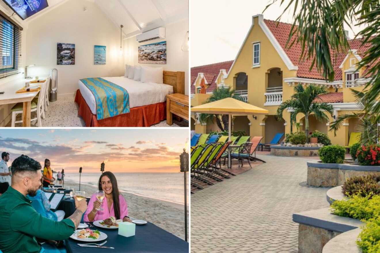 collage of 3 images with: bedroom,view over the hotel's backyard with sunbeds and plants and people having dinner on the beach