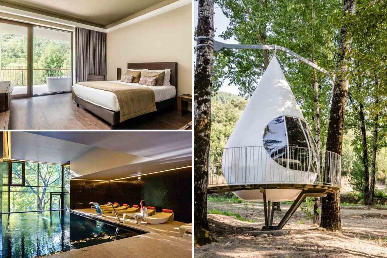 collage of 3 images with: bedroom, tent and pool