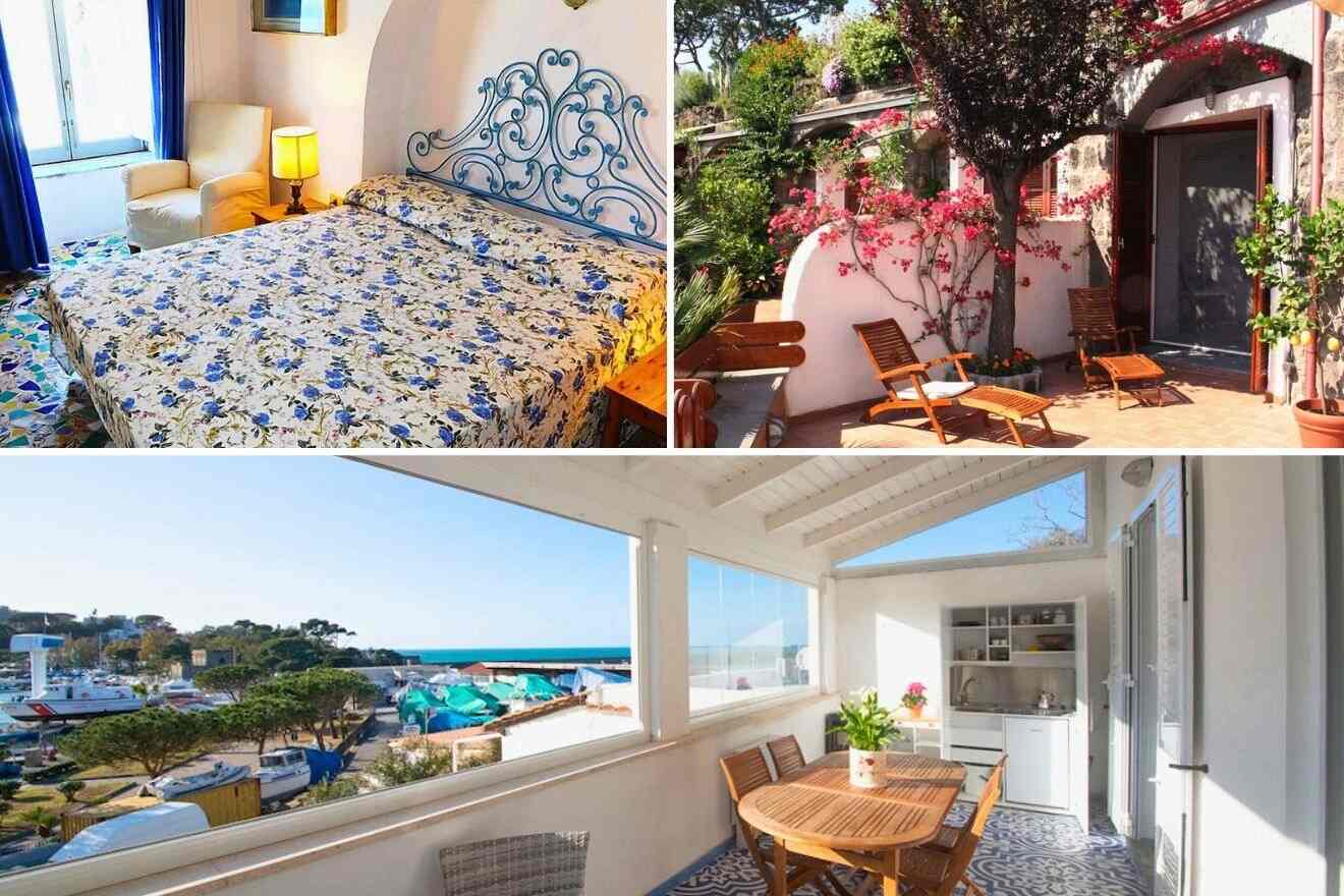 collage of 3 images with: a balcony with a view of the sea, bedroom and sitting area on the patio