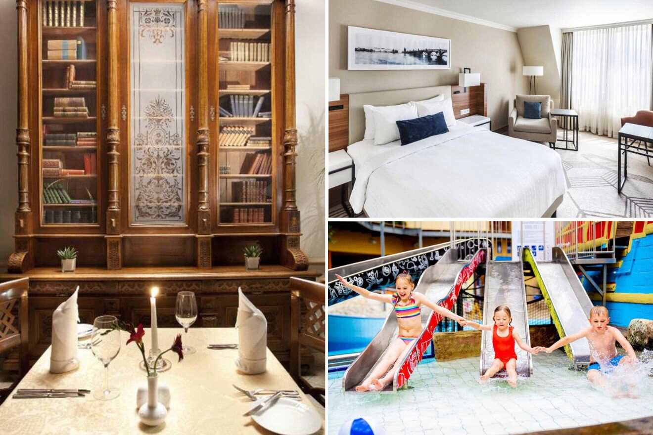 a collage of three hotel photos: dining area with a library, bedroom, and kids going down a waterslide