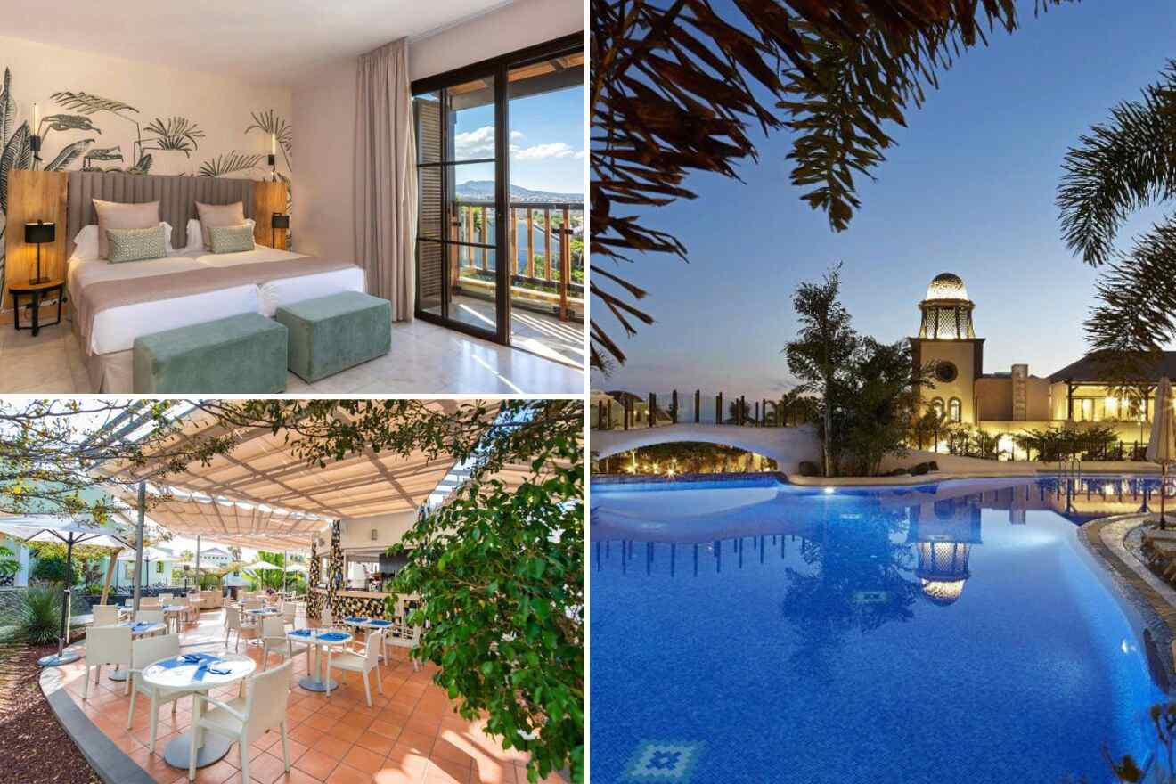 collage of 3 images with: bedroom, pool view and outdoor restaurant