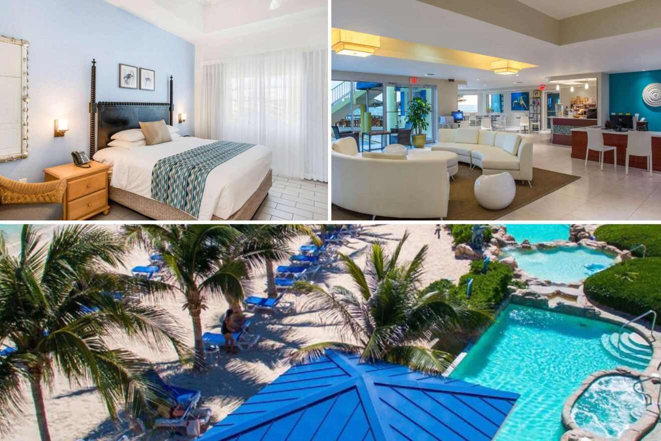 collage of 3 images of the wyndham reef resort: pool area, bedroom and lounge