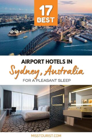 collage of 2 images with: hotel's bedroom and aerial view over sydney overlooking the bridge and the opera