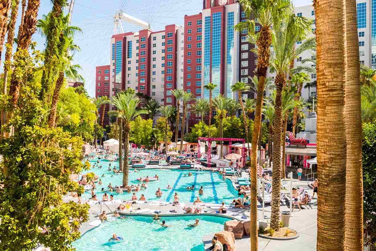 A pool with palm trees in the background.