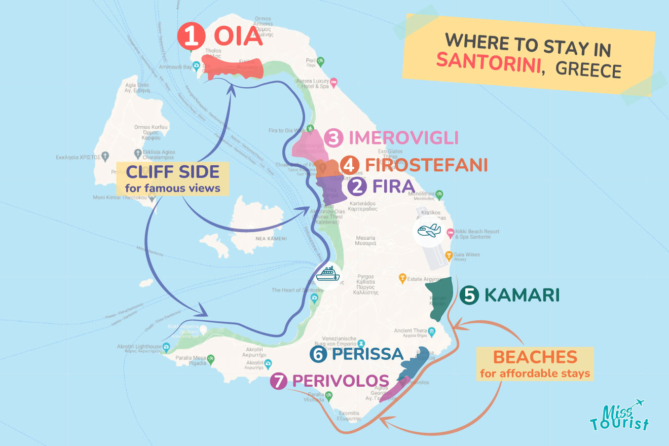 Map of where to stay in Santorini