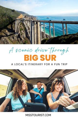 collage of 2 images with: friends in a car on a road trip and a bridge by the ocean