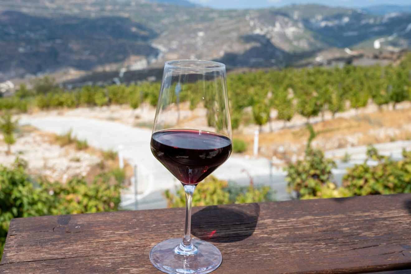 A glass of red wine on a wooden table with mountains in the background.