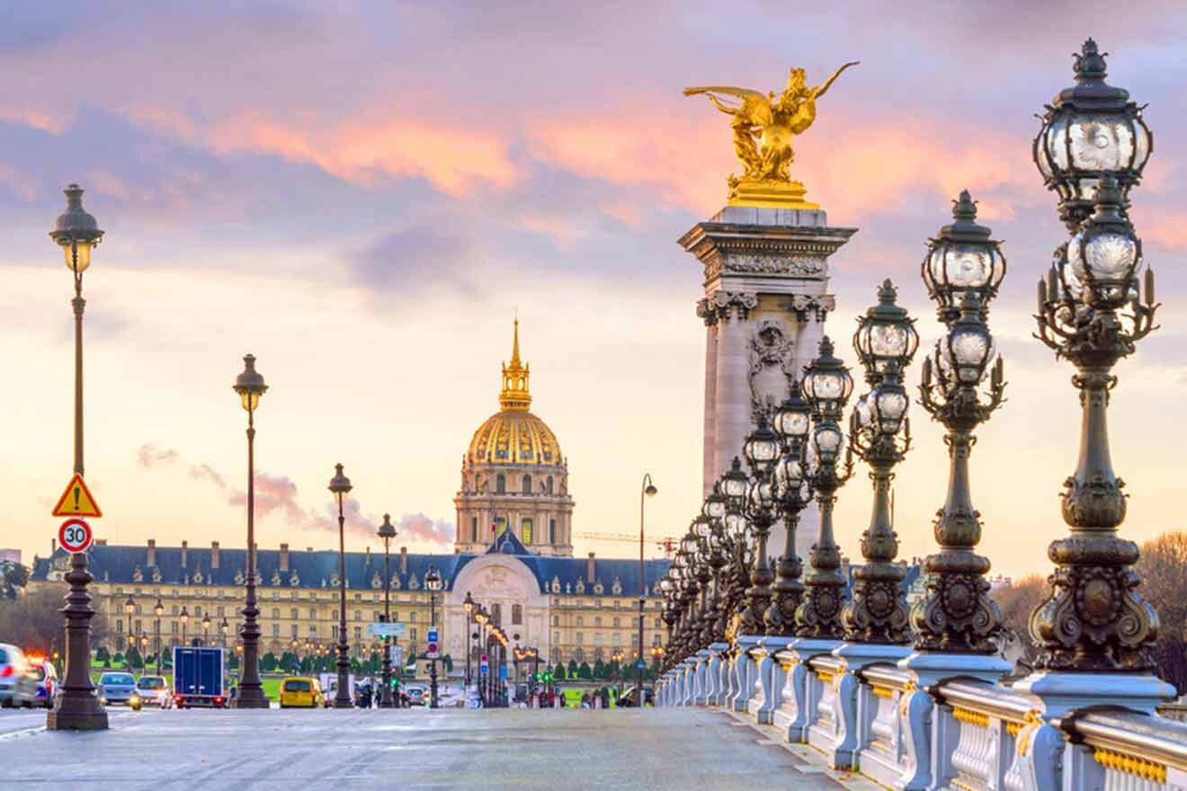 Paris at sunset with a golden statue in the background.