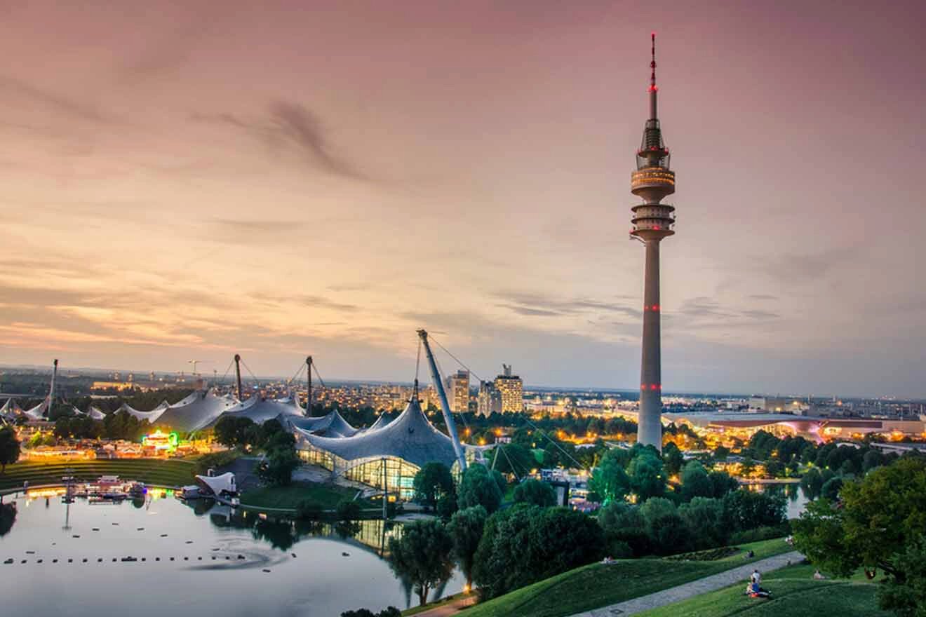 The tv tower in munich at dusk.