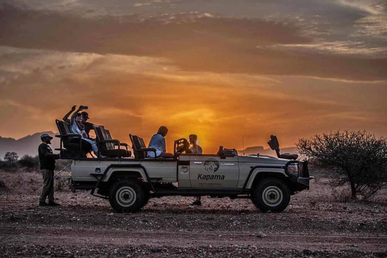 tourists on a safari at sunset
