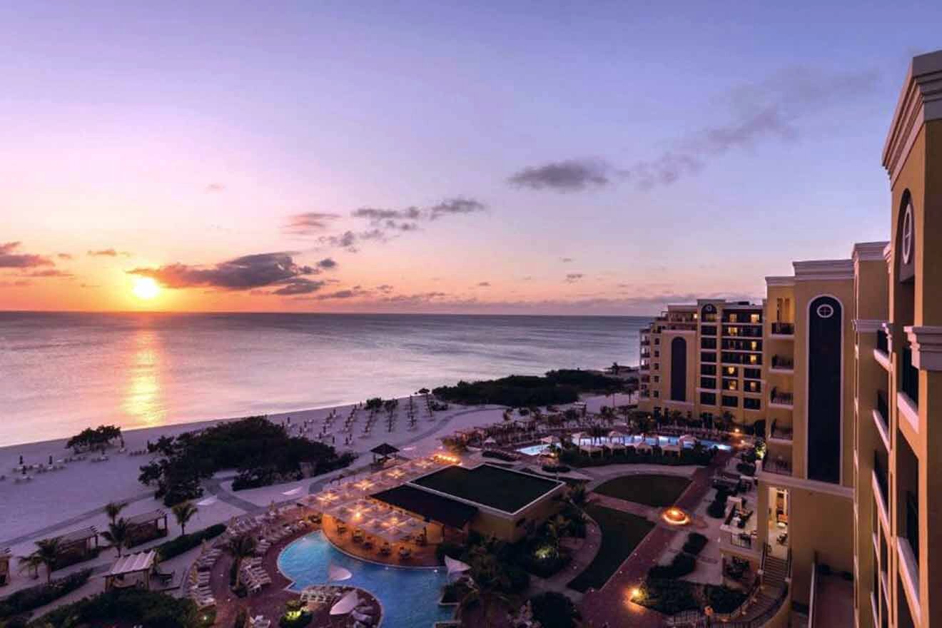 An aerial view of a resort at sunset.