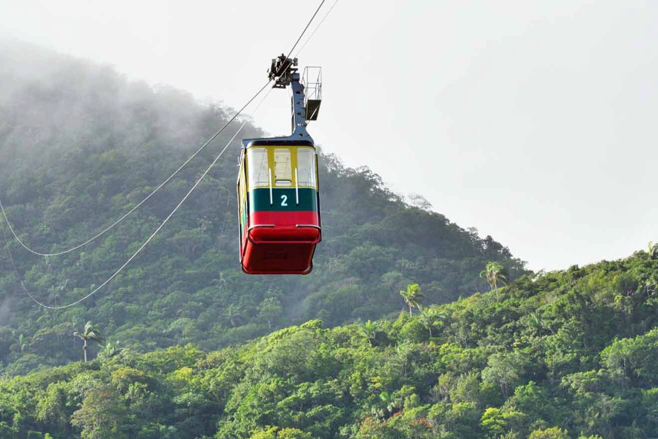 A cable car is flying over a green forest.