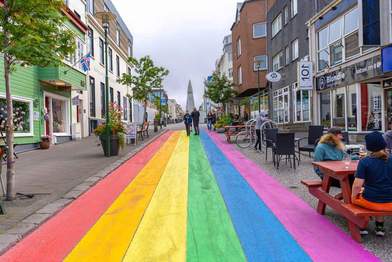 A rainbow painted street in iceland.
