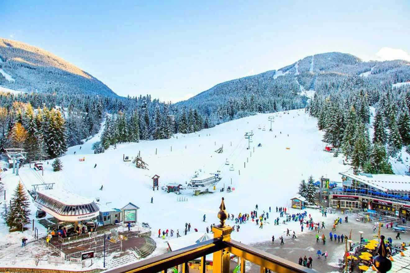 A view of a ski resort from a balcony.