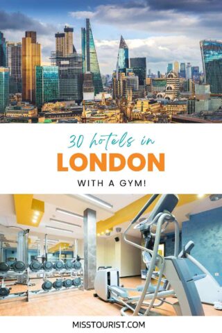 collage of 2 images with: view over the city of London with tall buildings at sunset and a gym