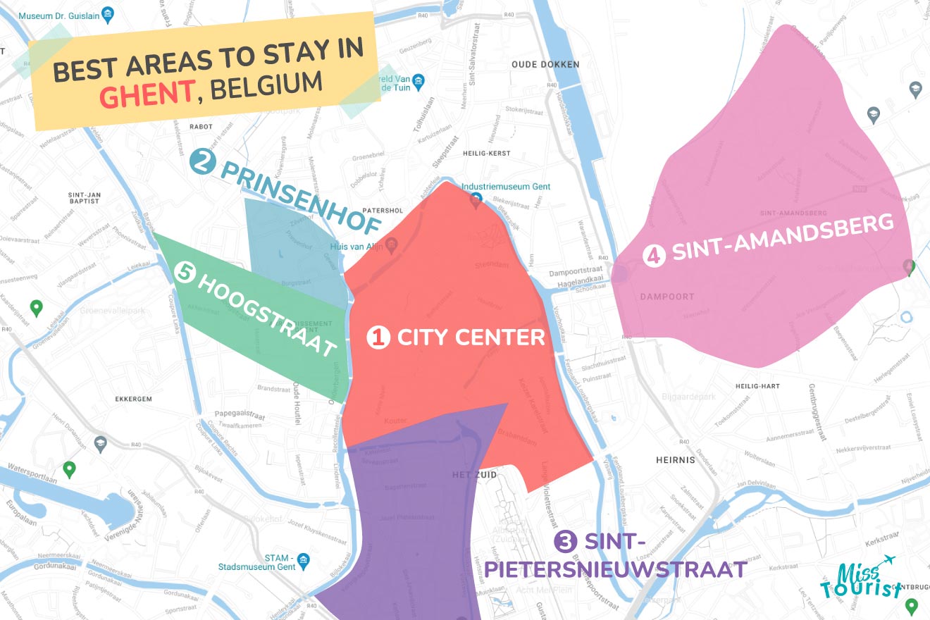 map of Ghent with all the where to stay regions