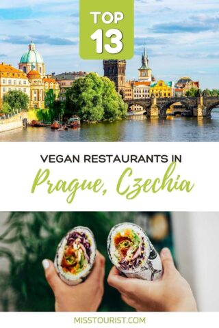 collage of 2 images with: people holding a vegan wrap and view over the city by the river