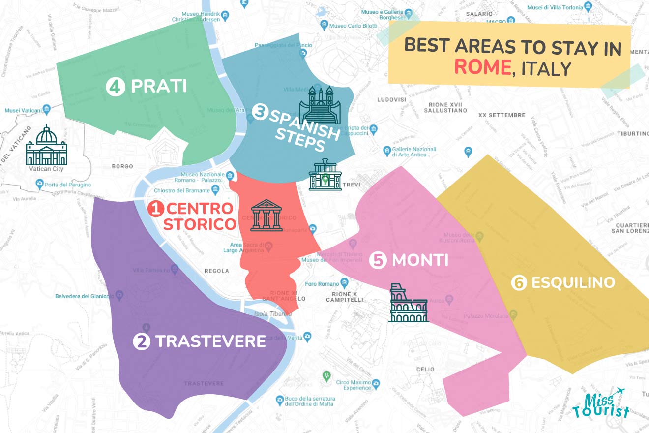 map of Rome with all the where to stay regions