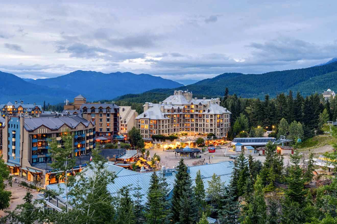A view of the town of whistler at dusk.