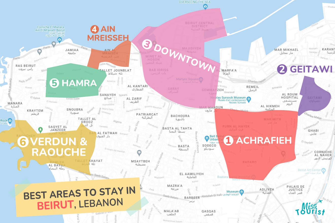 Graphic map with areas in Beirut Lebanon