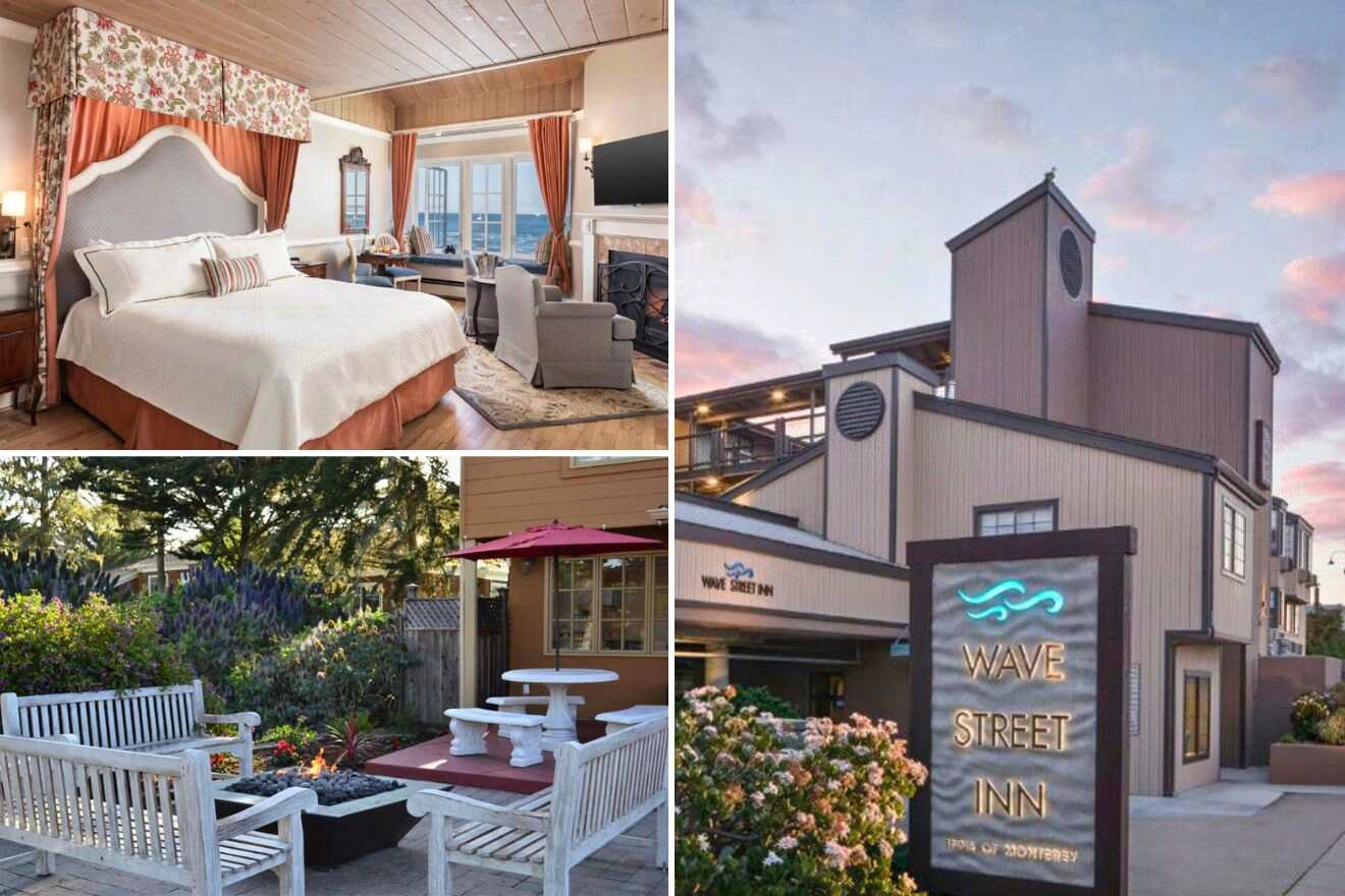 collage of 3 images with: a bedroom, lounge on the patio, hotel's building