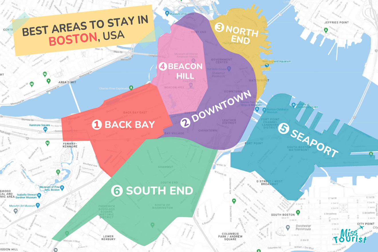 map of Boston with all the where to stay regions