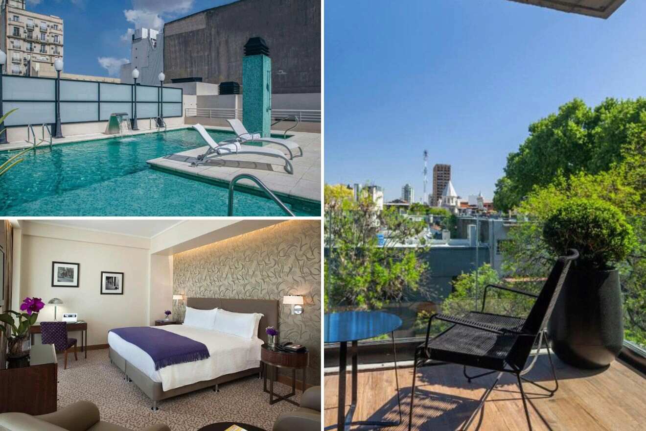 collage of 3 images with: bedroom, pool area and chair with table on the balcony