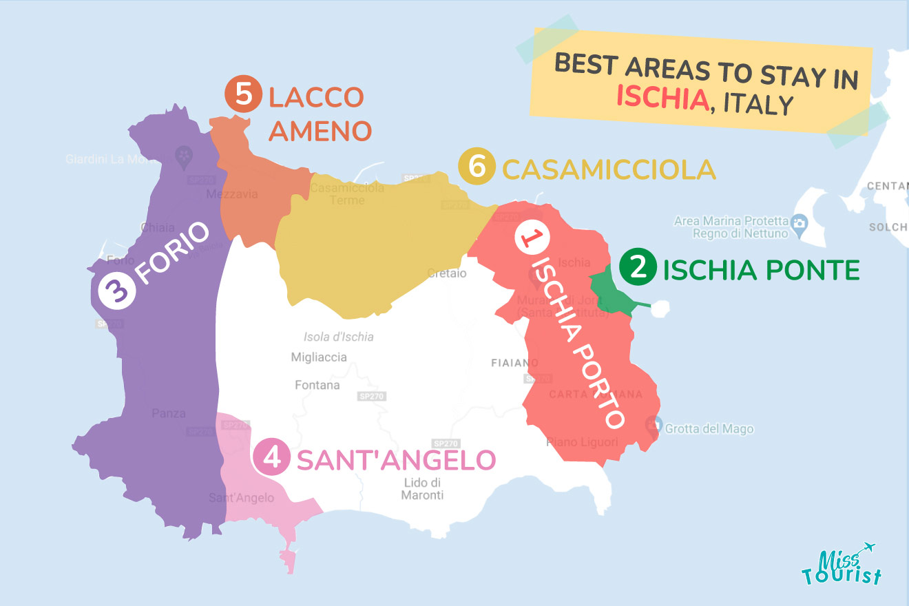 Colorful map highlighting the best areas to stay in Ischia