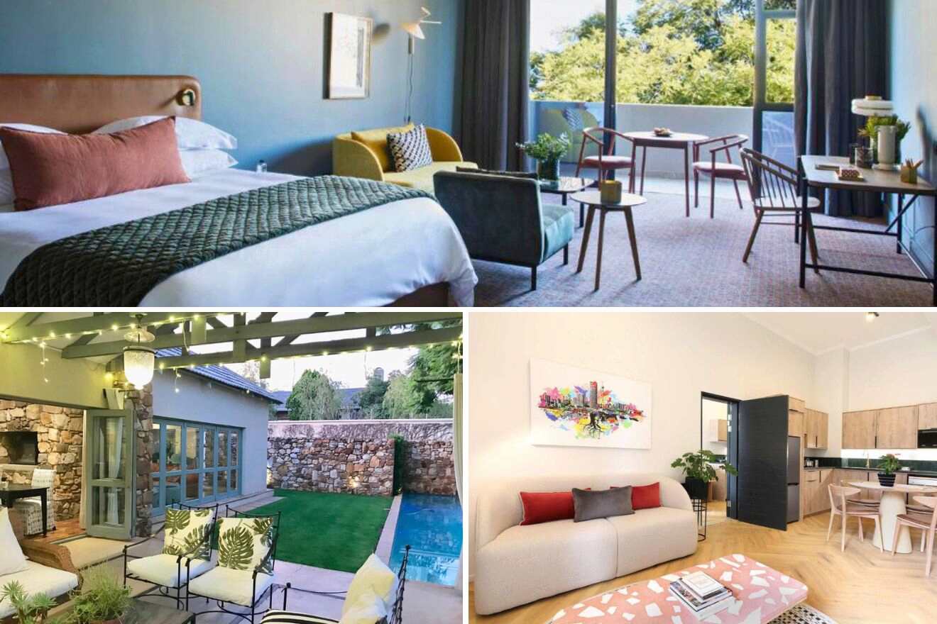 collage of 3 images with: lounge, bedroom and outdoor sitting area by a small pool