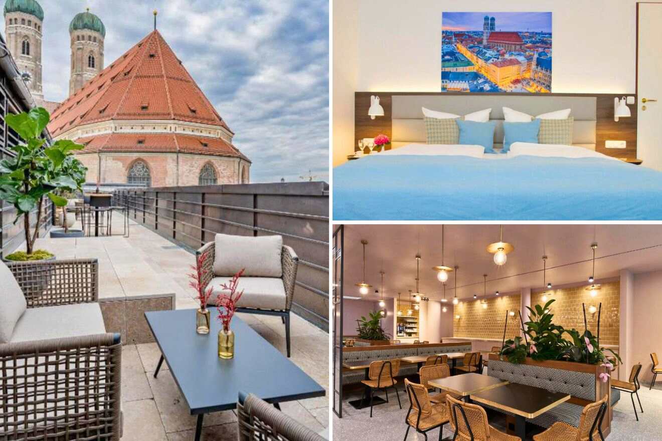 collage of 3 images with a bedroom, restaurant and a lounge on a terrace overlooking a church