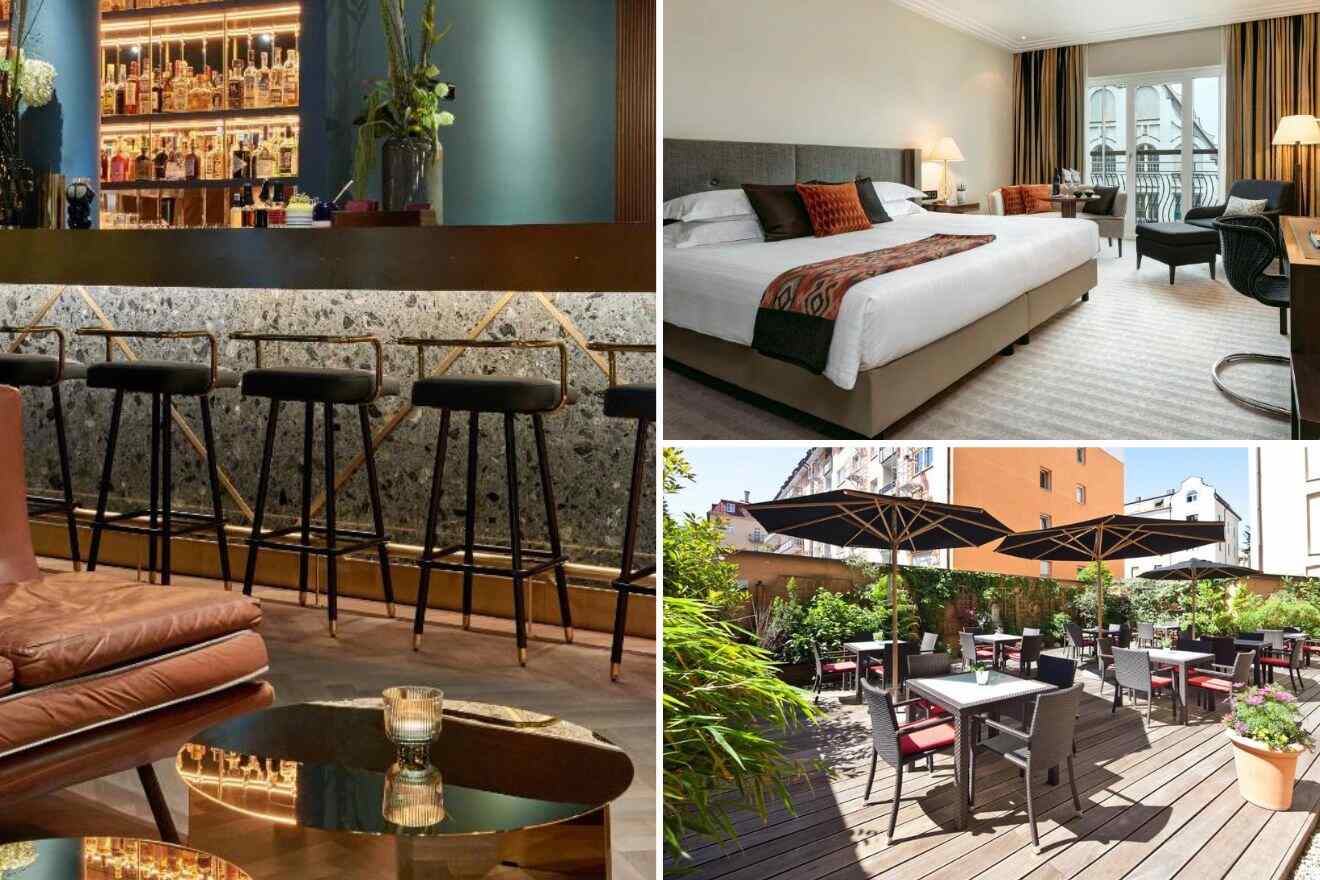 collage of 3 images with: a bar, restaurant on the terrace and hotel's bedroom